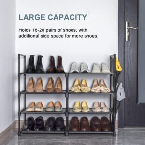 HeFSRi 4 Tier Shoe Rack, 16-20 Pairs Narrow Expandable & Stackable Shoe Storage Organizer, Sturdy Vertical Shoe Shelf for Closet, Entryway, Garage, College Dorm and Bedroom (Black)