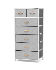 pellebant dresser for bedroom with 7 drawers, tall dresser vertical storage tower, sturdy metal frame, fabric storage bins with wooden handle, wooden top, organizer unit for closet/hallway, light grey