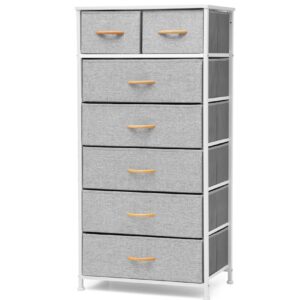 Pellebant Dresser for Bedroom with 7 Drawers, Tall Dresser Vertical Storage Tower, Sturdy Metal Frame, Fabric Storage Bins with Wooden Handle, Wooden Top, Organizer Unit for Closet/Hallway, Light Grey