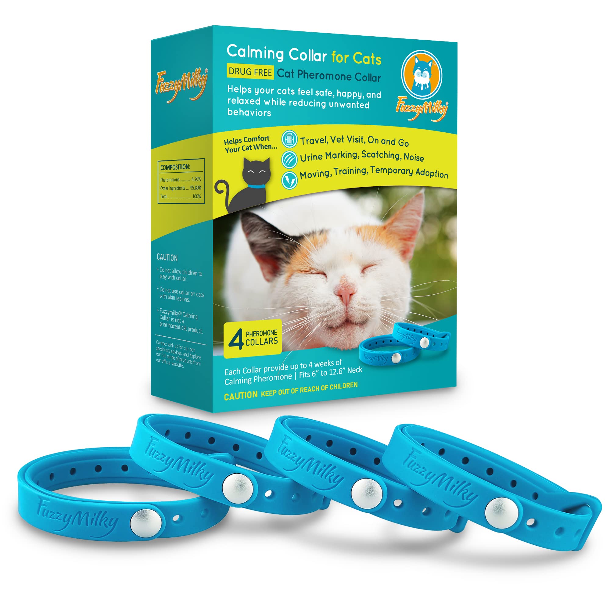 Fuzzymilky Cat Calming Collars - 4 Packs Cat Collar Infused with Synthetic Pheromones (Blue) - Cat Pheromone Diffuser Necklace for Anxiety Relief, Travel, Keeping Kitty Quiet