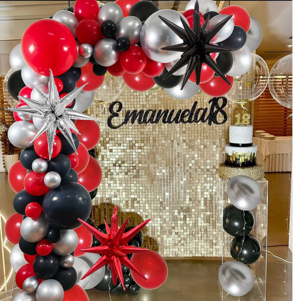 Black Red Silver Balloons Arch Decorations, Graduation Balloons Decoration18" 12” 5“ Balloons Black Red and Silver Foil Explode Star for Birthday 1st 21st 30th 40th 60th Party Grad New Year Decor