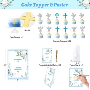 Fiesec Baptism Decorations for Boys, First Communion Christening Party Decorations God Bless Backdrop Balloon Garland Arch Linen Banner Poster Cake Cupcake Topper White Gold Blue