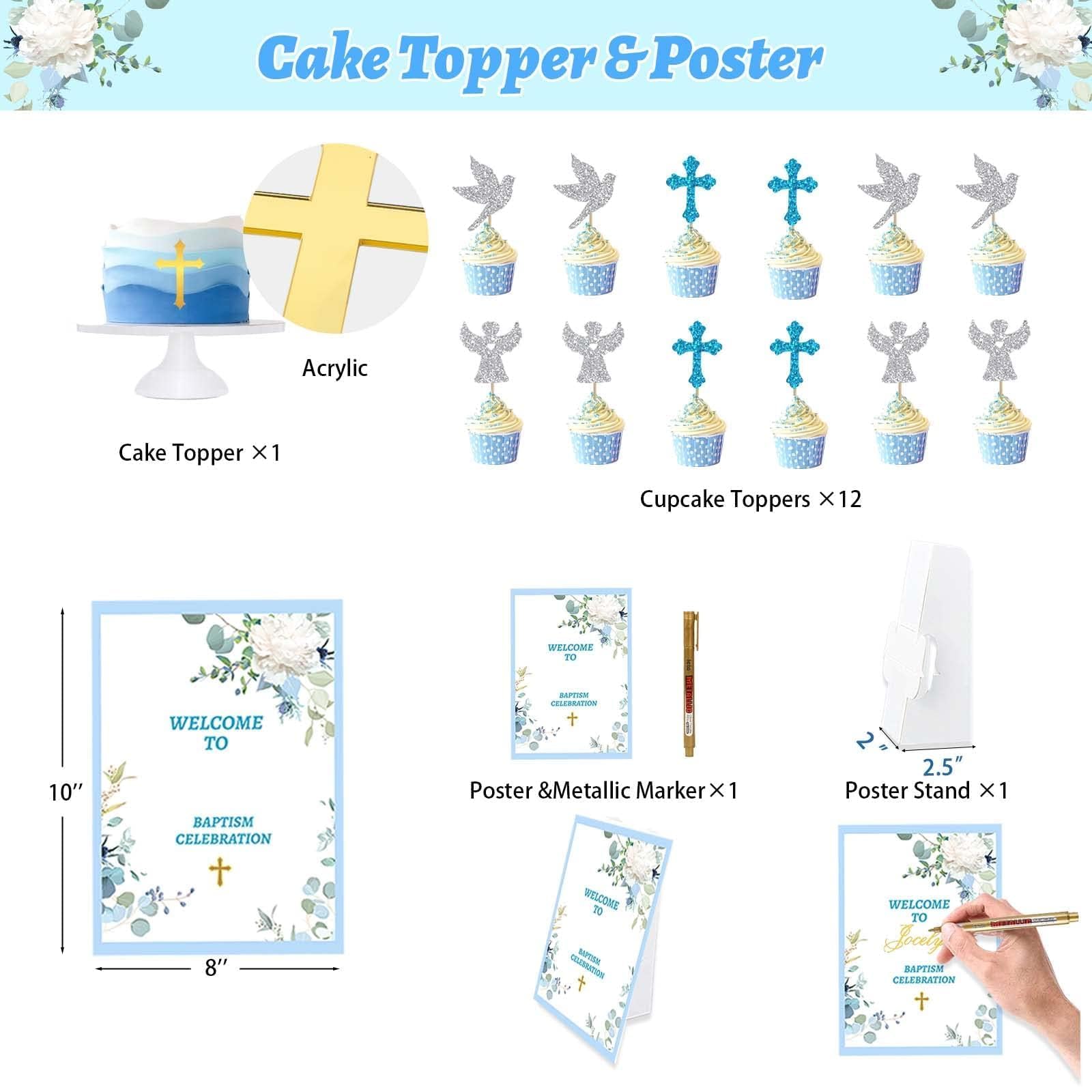 Fiesec Baptism Decorations for Boys, First Communion Christening Party Decorations God Bless Backdrop Balloon Garland Arch Linen Banner Poster Cake Cupcake Topper White Gold Blue