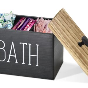 Rustic Tampon Storage Container for Bathroom, Decorative Bathroom Countertop Organizer Storage Box Tampons Organizer Holder, Wood 3 Compartments Cotton Swab Ball Qtip Container with Lid