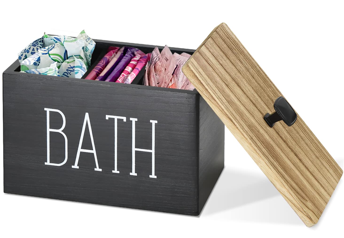 Rustic Tampon Storage Container for Bathroom, Decorative Bathroom Countertop Organizer Storage Box Tampons Organizer Holder, Wood 3 Compartments Cotton Swab Ball Qtip Container with Lid