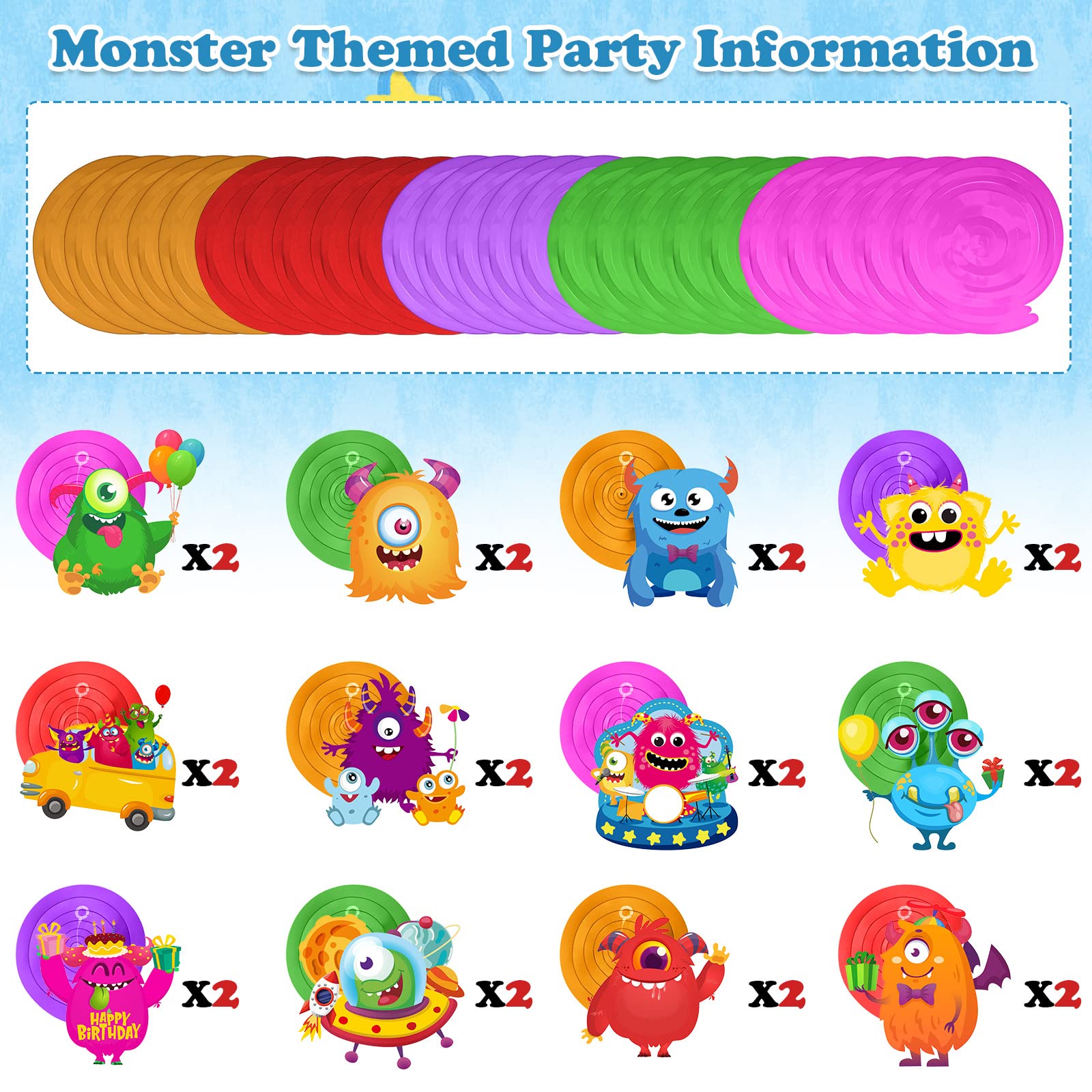 54 Pieces Cartoon Monster Hanging Swirls Decoration Little Monster Spiral Streamers Monster Theme Party Hanging Decor for Monster Birthday Party Baby Shower Supplies