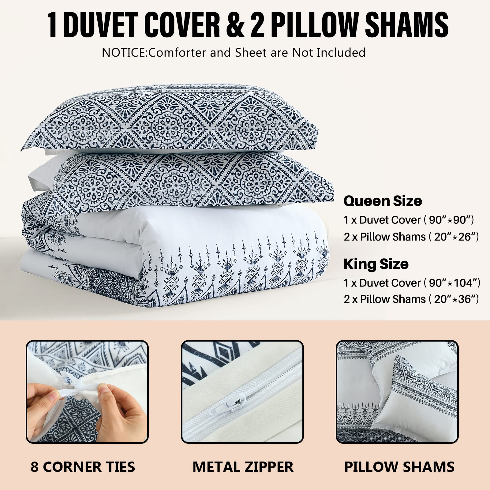 DUOMING Boho Duvet Cover King - 100% Cotton Duvet Cover King Size, White Blue Duvet Cover King with Zipper Closure & 8 Ties, 3 Piece 90x104 Bohemian Duvet Cover Set