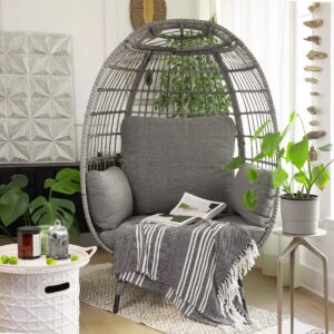 Barton Oversized Egg Style Wicker Chair Canopy Stationary & Seat Cushions Patio Lounge Basket, Grey