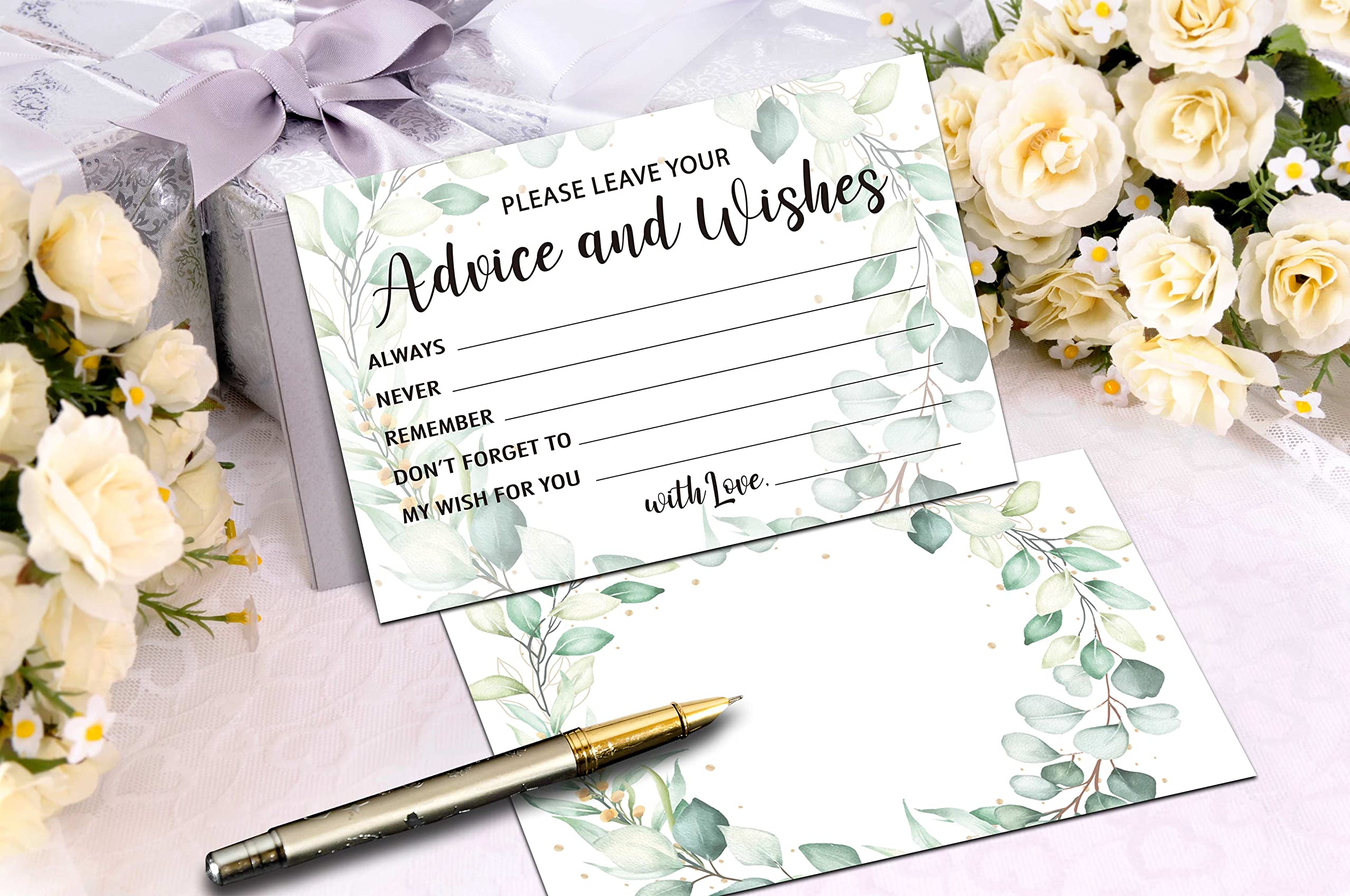 Levitatinyear Greenery Advice and Wishes Cards, 25 Pcs Eucalyptus Double Sided Advice Cards for The Bride and Groom, Mr and Mrs, Bride Shower, Wedding Reception, Engagement Party(02)