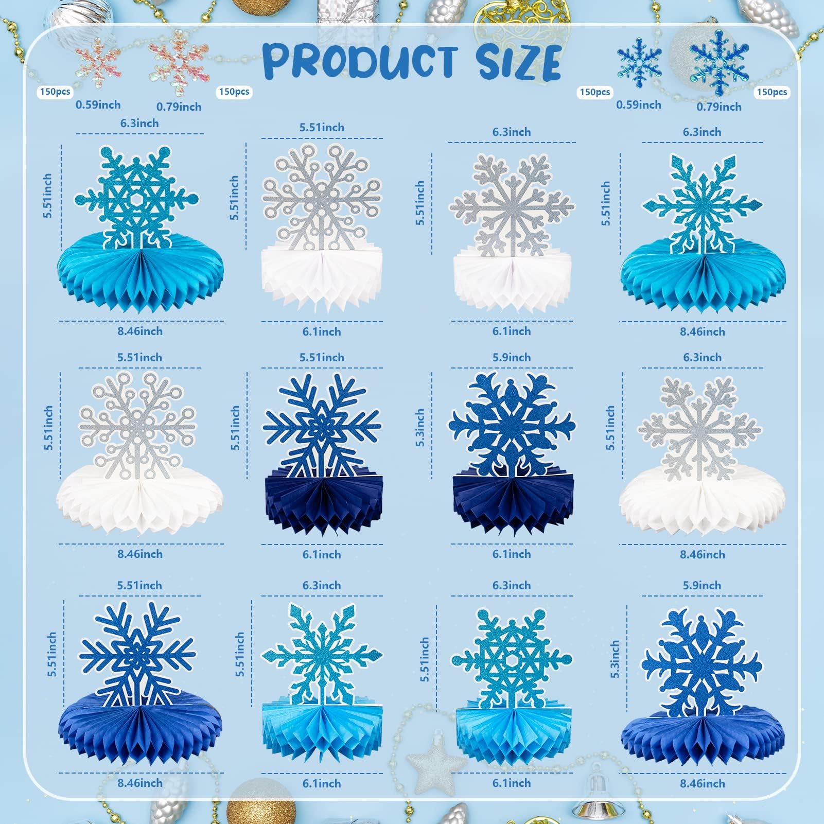 Frozen Winter Wonderland Party Decorations - 12pcs Blue White Snowflake Honeycomb Table Centerpieces and 600pcs Snowflake Confetti for Christmas Holiday Winter Birthday Baby Shower Party Supplies