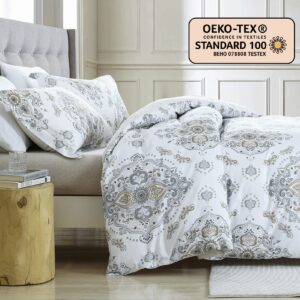 DUOMING Cotton King Duvet Cover - 100% Cotton Soft 3 Piece Duvet Cover King Size, Floral Patterned Duvet Cover Set, Duvet Cover King with Zipper Closure & 8 Ties…