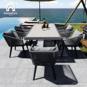 Home Care Wholesale 7 Pieces Patio Dining Set for 6 - All Weather Outdoor Dining Sets, All in One Outdoor Table and Chairs, Wicker Outdoor Patio Furniture Sets with Cushions and Pillows, Grey