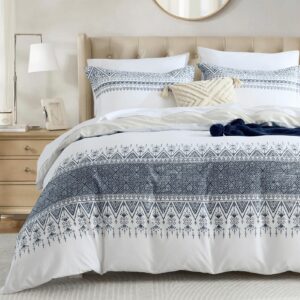 duoming boho duvet cover king - 100% cotton duvet cover king size, white blue duvet cover king with zipper closure & 8 ties, 3 piece 90x104 bohemian duvet cover set