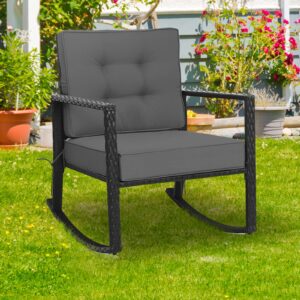 RELAX4LIFE Wicker Outdoor Rocking Chair - All Weather Rattan Rocker Patio Chair w/Steel Frame Removable Cushions & Armrest, Rocker Chair Outdoor Furniture for Backyard Porch Poolside (1, Grey)