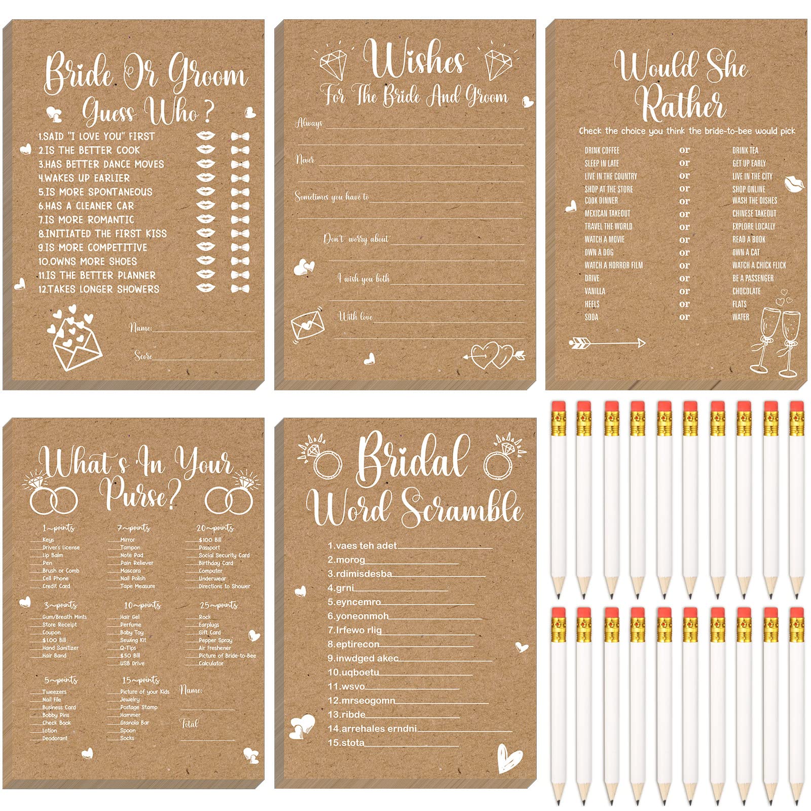 145 Pieces Rustic Kraft Bridal Shower Bachelorette Games Bridal Shower Games Set Include Wedding Games Cards and Pencils for Bride and Groom Bachelorette Party Wedding Shower Party Favor