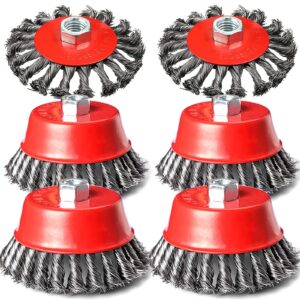 4 inch wire wheel brush set for grinder, daduori 6 pack wire wheels for 4 1/2 angle grinder, 5/8 inch-11 threaded arbor-coarse crimped twisted knotted cup brush,heavy cleaning rust stripping abrasive