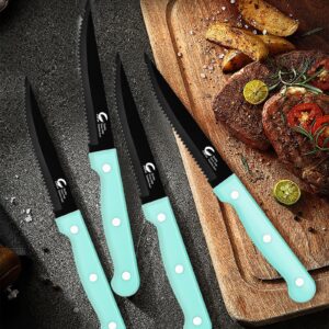 CuCut Steak Knife Set of 8, Triple Rivet Stainless Steel Serrated Dinning Knives, 4.5 Inch Sharp Black Coated Blade, Dishwasher Safe, Meat Knife for Dining Camping BBQ