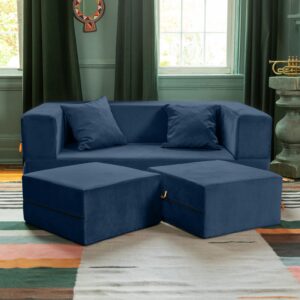 Jaxx Zipline Convertible Sleeper Loveseat & Ottomans, Textured Microvelvet - Indigo