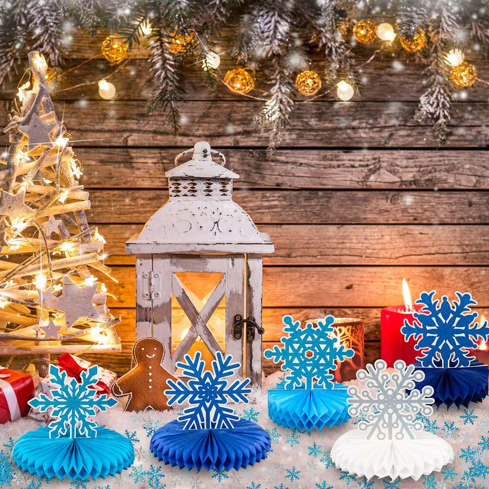 Frozen Winter Wonderland Party Decorations - 12pcs Blue White Snowflake Honeycomb Table Centerpieces and 600pcs Snowflake Confetti for Christmas Holiday Winter Birthday Baby Shower Party Supplies