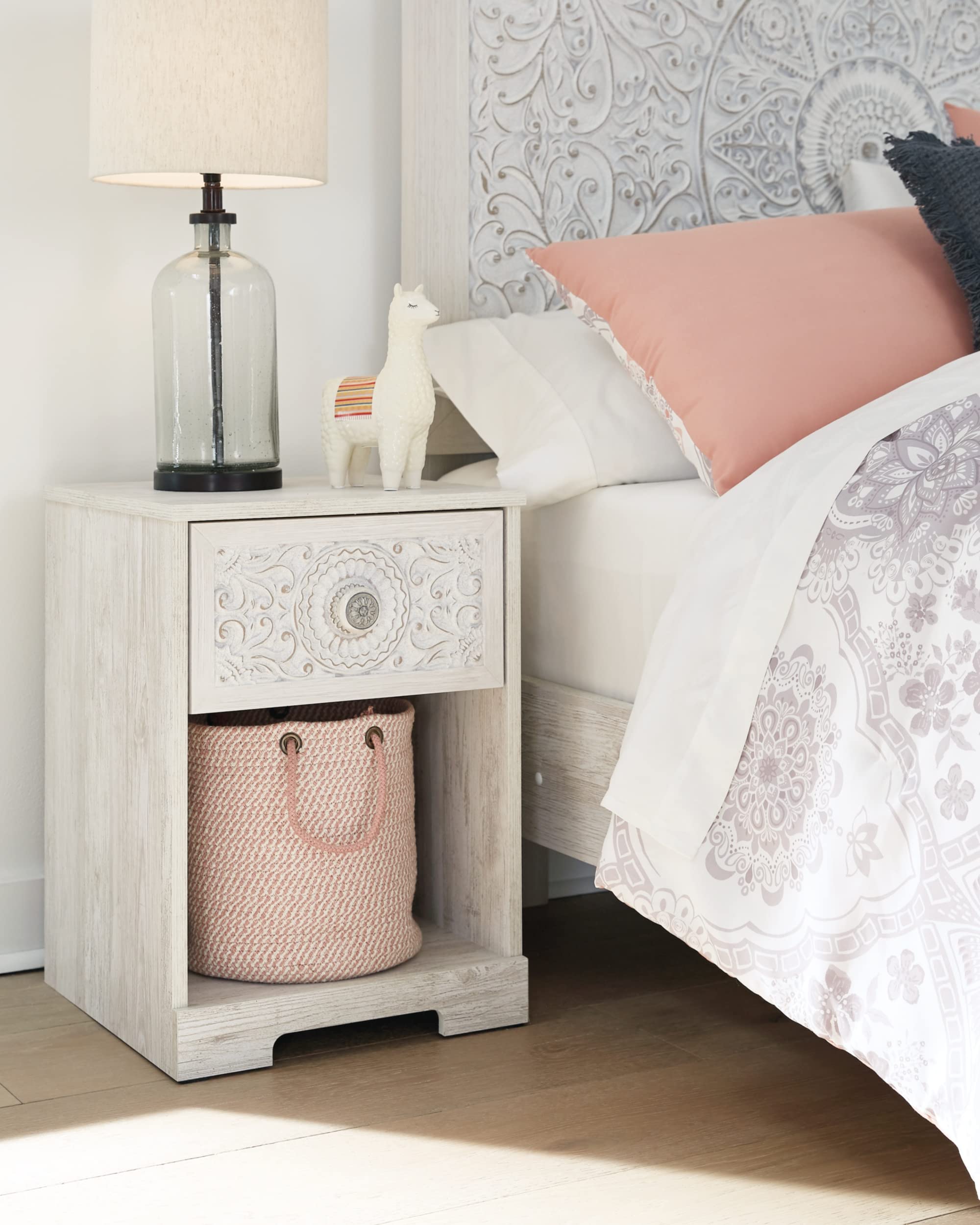 Signature Design by Ashley Paxberry Bohemian 1 Drawer Nightstand with Open Cubby, 22.09" Tall, White