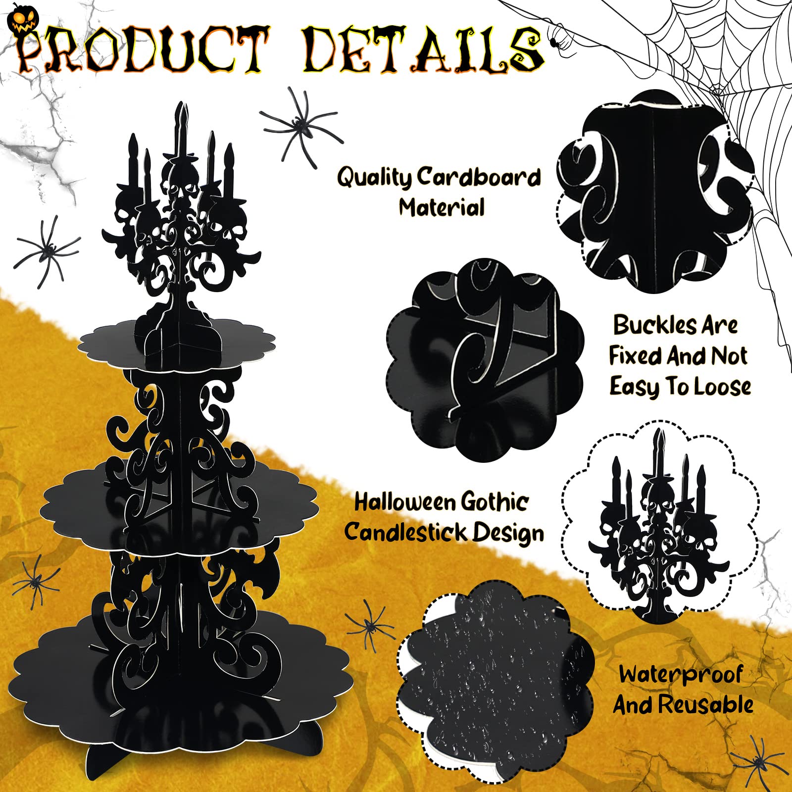 Halloween Cupcake Stand 3-Tier Halloween Gothic Cardboard Cupcake Holder Haunted Skull Candelabra Cupcake Tower Decor with 20g Spider Web Stretchable Cobweb for Halloween Party Supplies Decoration