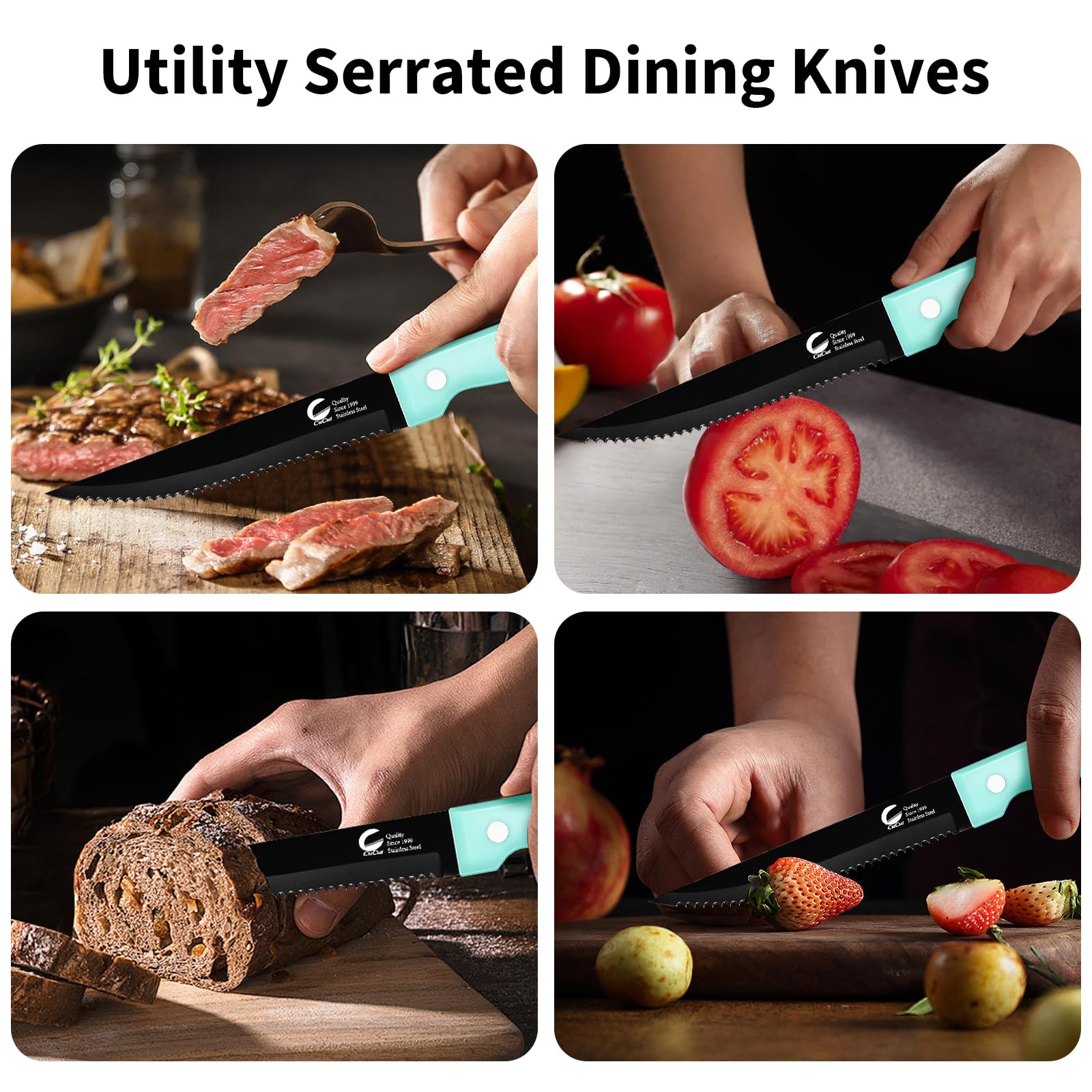 CuCut Steak Knife Set of 8, Triple Rivet Stainless Steel Serrated Dinning Knives, 4.5 Inch Sharp Black Coated Blade, Dishwasher Safe, Meat Knife for Dining Camping BBQ