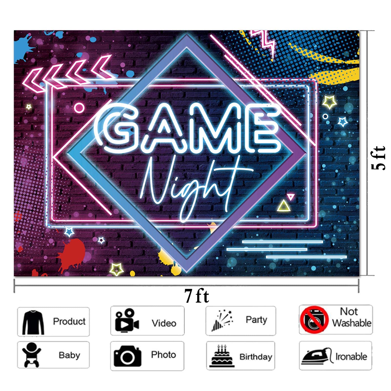 Glow Neon Photo Background for Game On Birthday Party Decor 7x5ft Game Night Theme Photography Backdrops Sleepover Slumber Prom Gaming Party Cake Table Decor Photobooth Banner