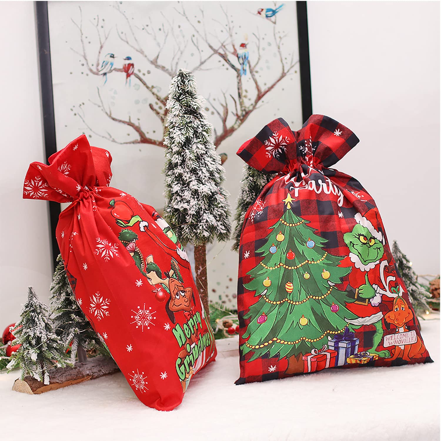 Adurself 2PCS Christmas Santa Sack Large Red and Black Buffalo Plaid Christmas Canvas Gift Bag 22.4 x 15 In Reusable Xmas Santa Drawstring Gift Bag for Package Storage Christmas Party Supplies Favors