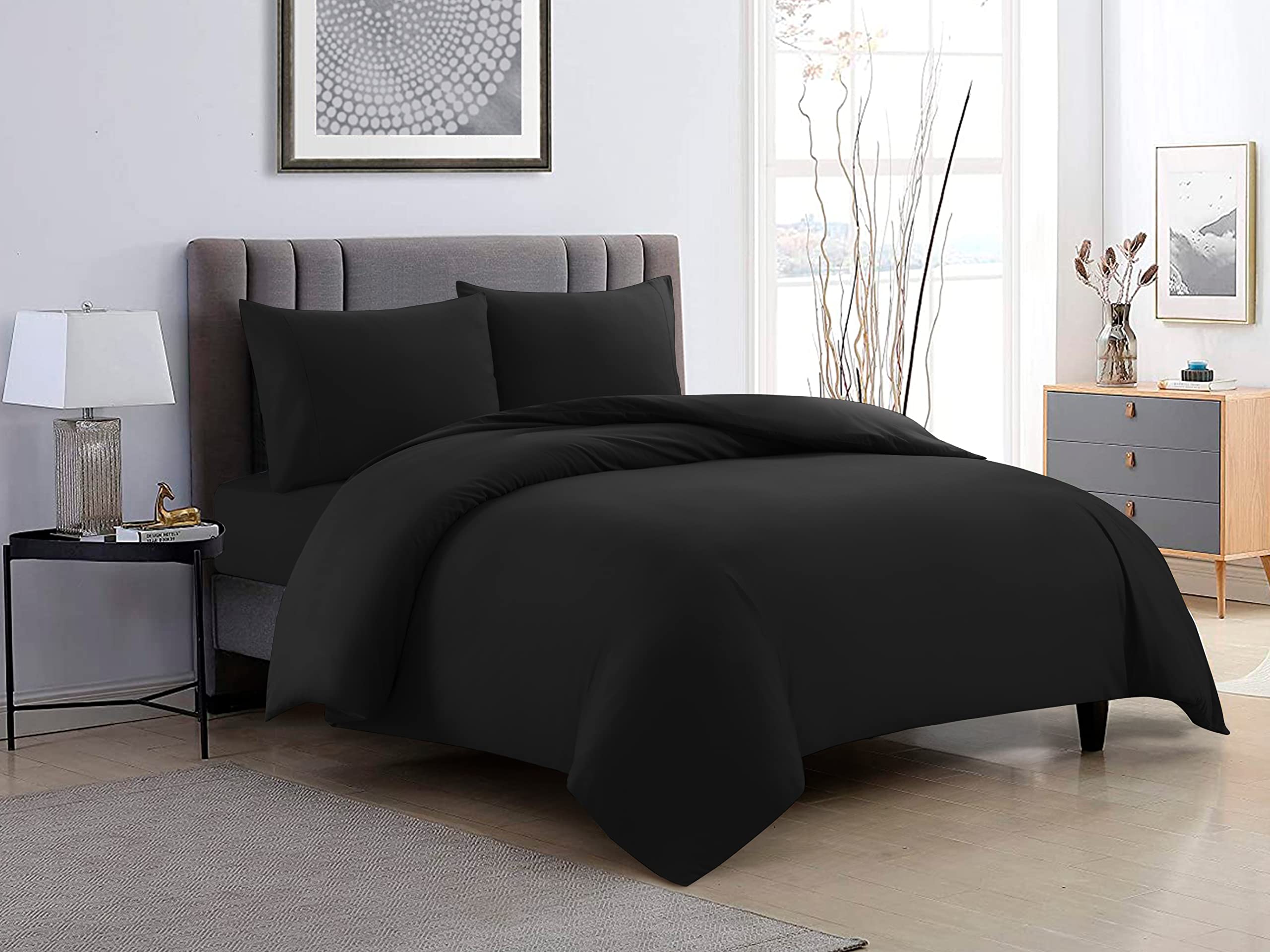 ZENVY Duvet Cover and Fitted Sheet 4pc Set - Includes Duvet Cover, Fitted Sheet, and (2) Pillowcases | 90GSM Brushed Microfiber with Button Closure (Black, Queen)