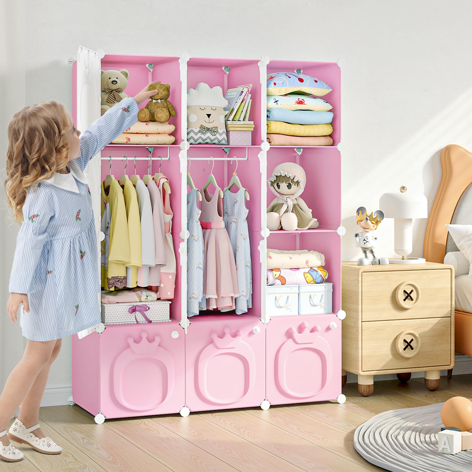 MAGINELS Kids Wardrobe Closet,Baby Closet Cabinet with Door.Baby Girls Closet Armoires Organizer for Bedroom.Two Open Hanging Children Costume Area and 8 Cube Stroage.Pink(42x14x56inch)