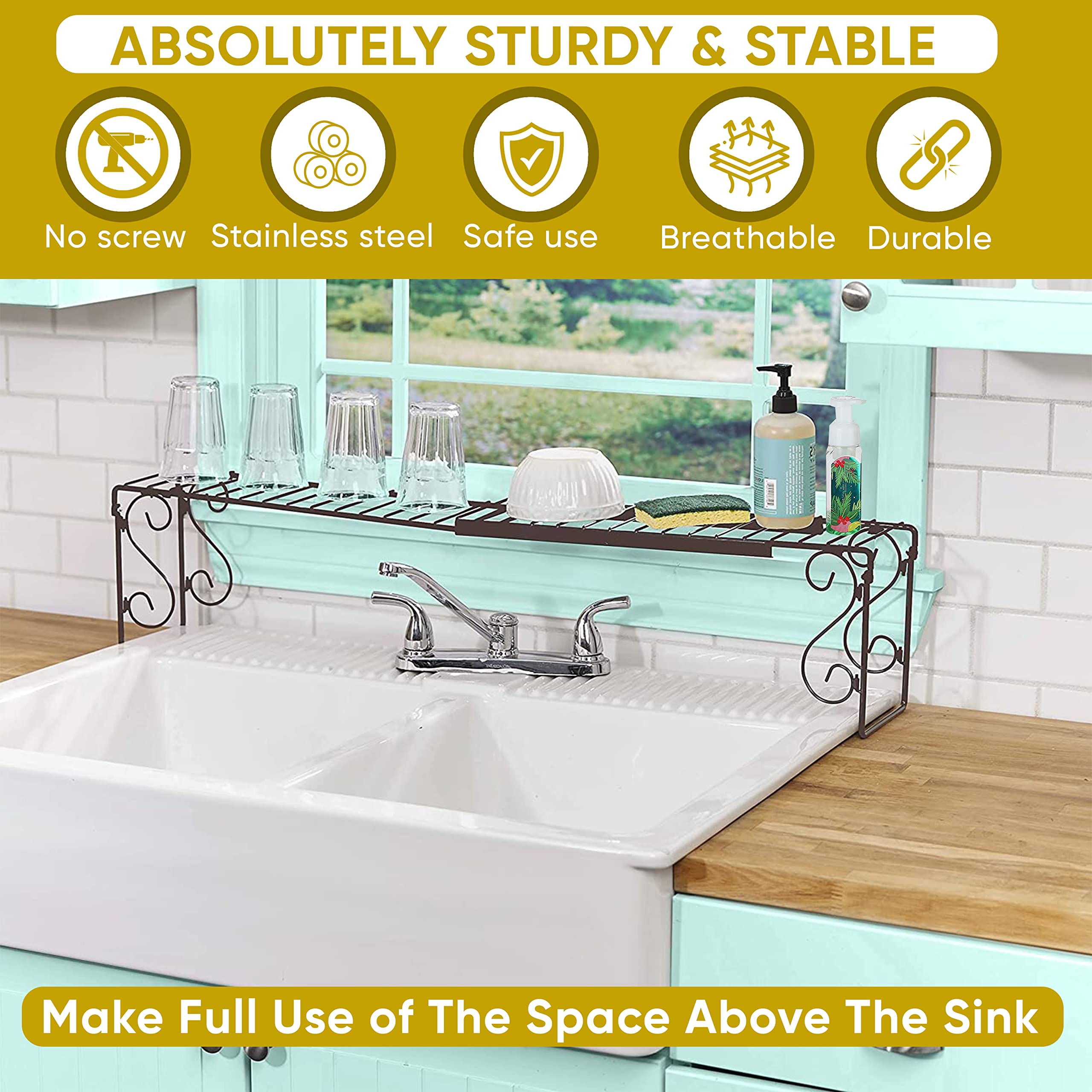 Kovot Expandable Over The Sink Shelf Extends in length from 24.5" to 40.75" | Add additional storage for soaps, cleansers, sponges and more 8.5" H x 5.75" D (Bronze)