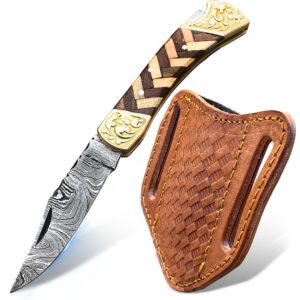 warlocks club handmade damascus pocket knife with sheath, 7" folding hunting knife with wood handle, small camping knife for outdoor