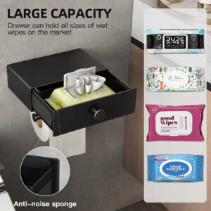 VOLDRA Toilet Paper Holder with Shelf Black Wipes Dispenser for Bathroom Toilet Paper Holder with Storage Upgrade Drawer Design Toilet Tissue Holder Adhesive Small Bathroom Shelf Wall Mount