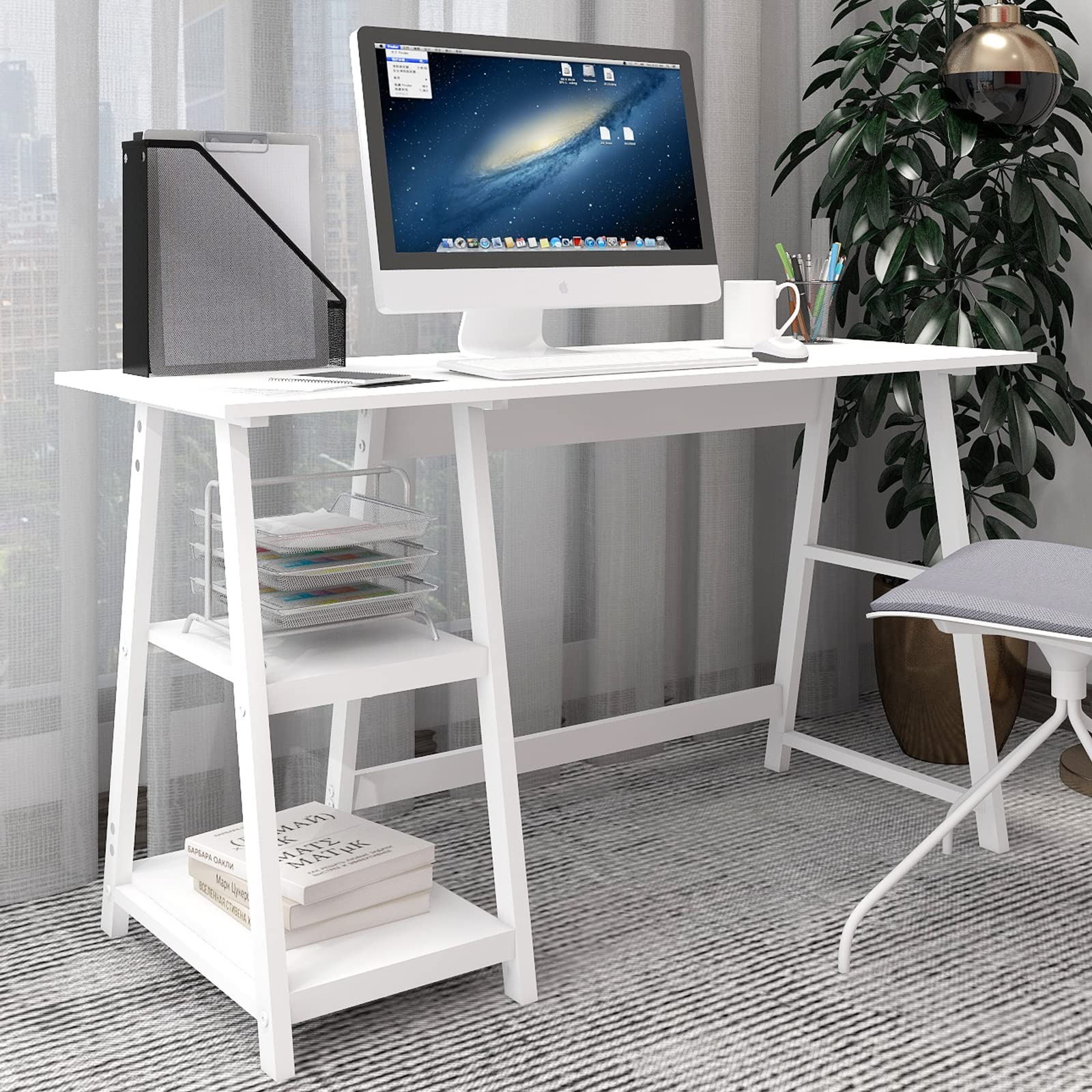 Natwind 51" White Desk with 2-Tier Storage Shelves,Home Office Computer Desk, Study Table for Kids Student Girls,Writing Desk,Modern Simple Basic Desk Workstation for Bedroom Home Office