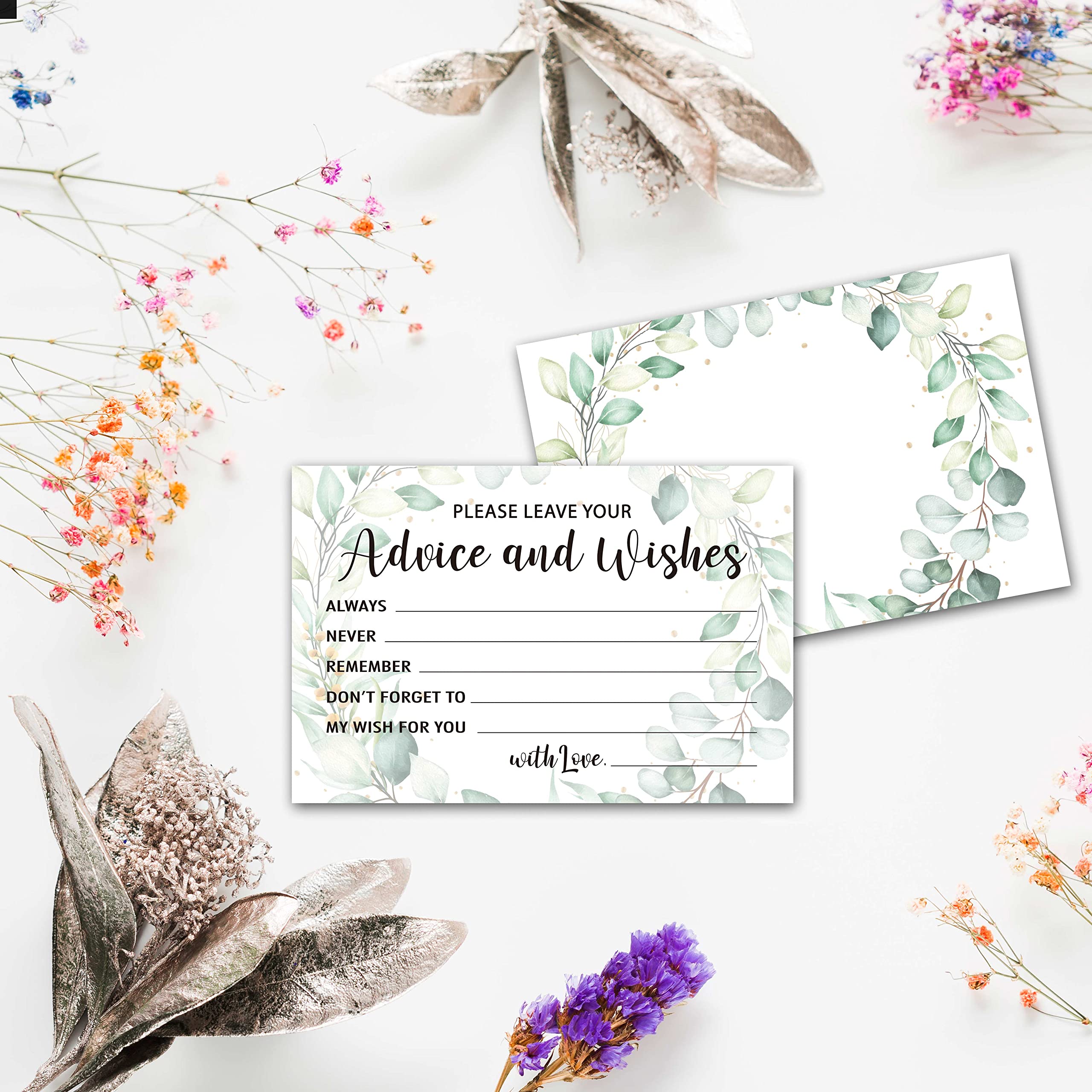 Levitatinyear Greenery Advice and Wishes Cards, 25 Pcs Eucalyptus Double Sided Advice Cards for The Bride and Groom, Mr and Mrs, Bride Shower, Wedding Reception, Engagement Party(02)