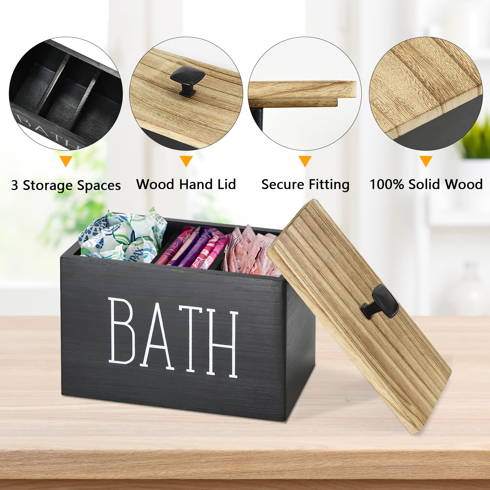 Rustic Tampon Storage Container for Bathroom, Decorative Bathroom Countertop Organizer Storage Box Tampons Organizer Holder, Wood 3 Compartments Cotton Swab Ball Qtip Container with Lid