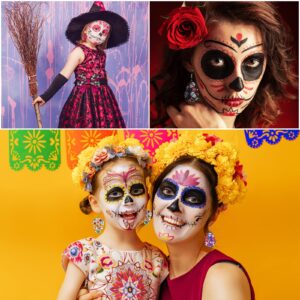 AnyDesign 12Pcs Day of The Dead Halloween Faux Leather Sheets Sugar Skull Skeleton Floral Printed Leather Fabric Sheets Glitter Synthetic Leather for Halloween DIY Craft Earring Hair Bow, 8 x 12"