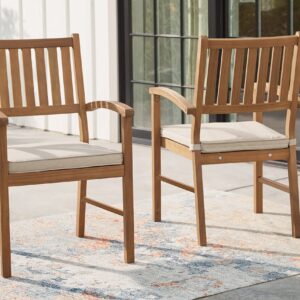 Signature Design by Ashley Janiyah Outdoor Acacia Wood Arm Chair & Cushion Set, 2 Count, Light Brown