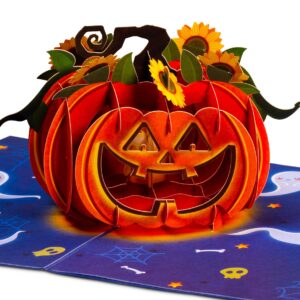 paper love 3d halloween pumpkin pop up card, for spooky celebrations, trick or treat | adult and kids - 5" x 7" cover - includes envelope and removable note tag