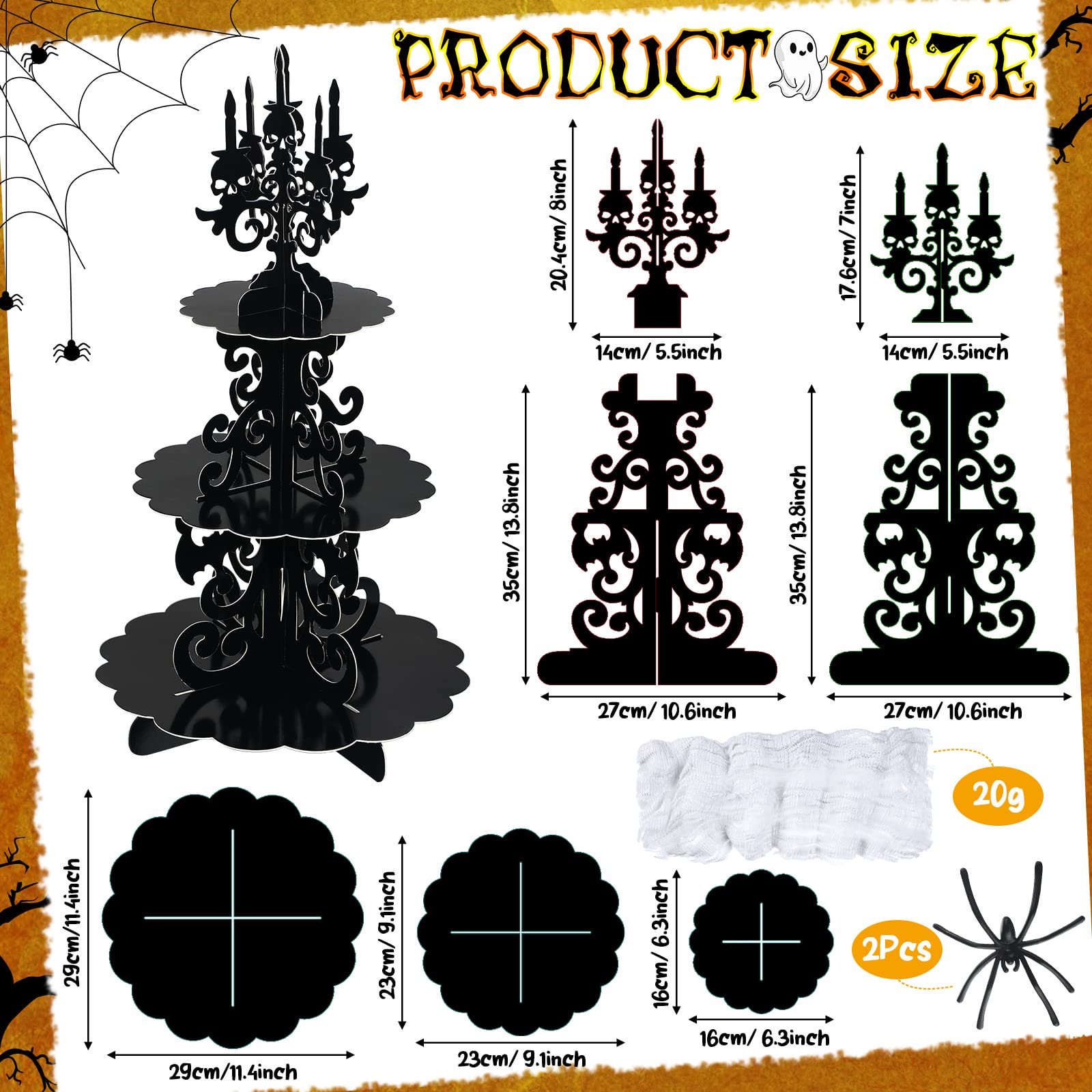 Halloween Cupcake Stand 3-Tier Halloween Gothic Cardboard Cupcake Holder Haunted Skull Candelabra Cupcake Tower Decor with 20g Spider Web Stretchable Cobweb for Halloween Party Supplies Decoration