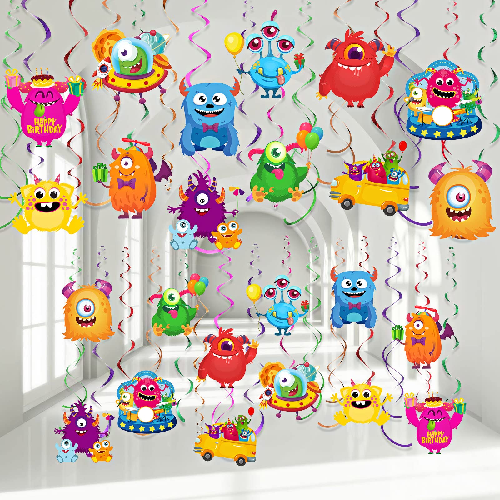 54 Pieces Cartoon Monster Hanging Swirls Decoration Little Monster Spiral Streamers Monster Theme Party Hanging Decor for Monster Birthday Party Baby Shower Supplies