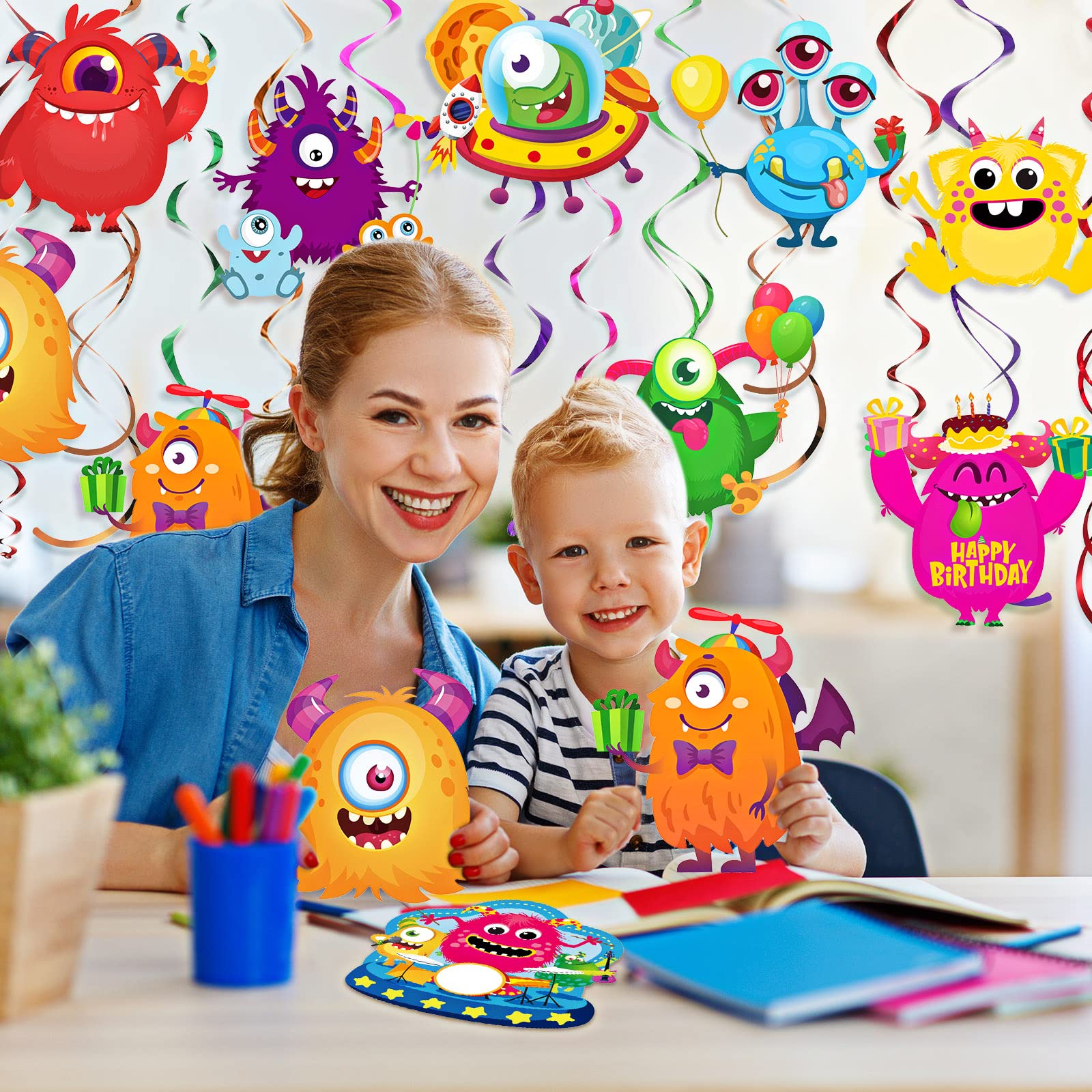 54 Pieces Cartoon Monster Hanging Swirls Decoration Little Monster Spiral Streamers Monster Theme Party Hanging Decor for Monster Birthday Party Baby Shower Supplies