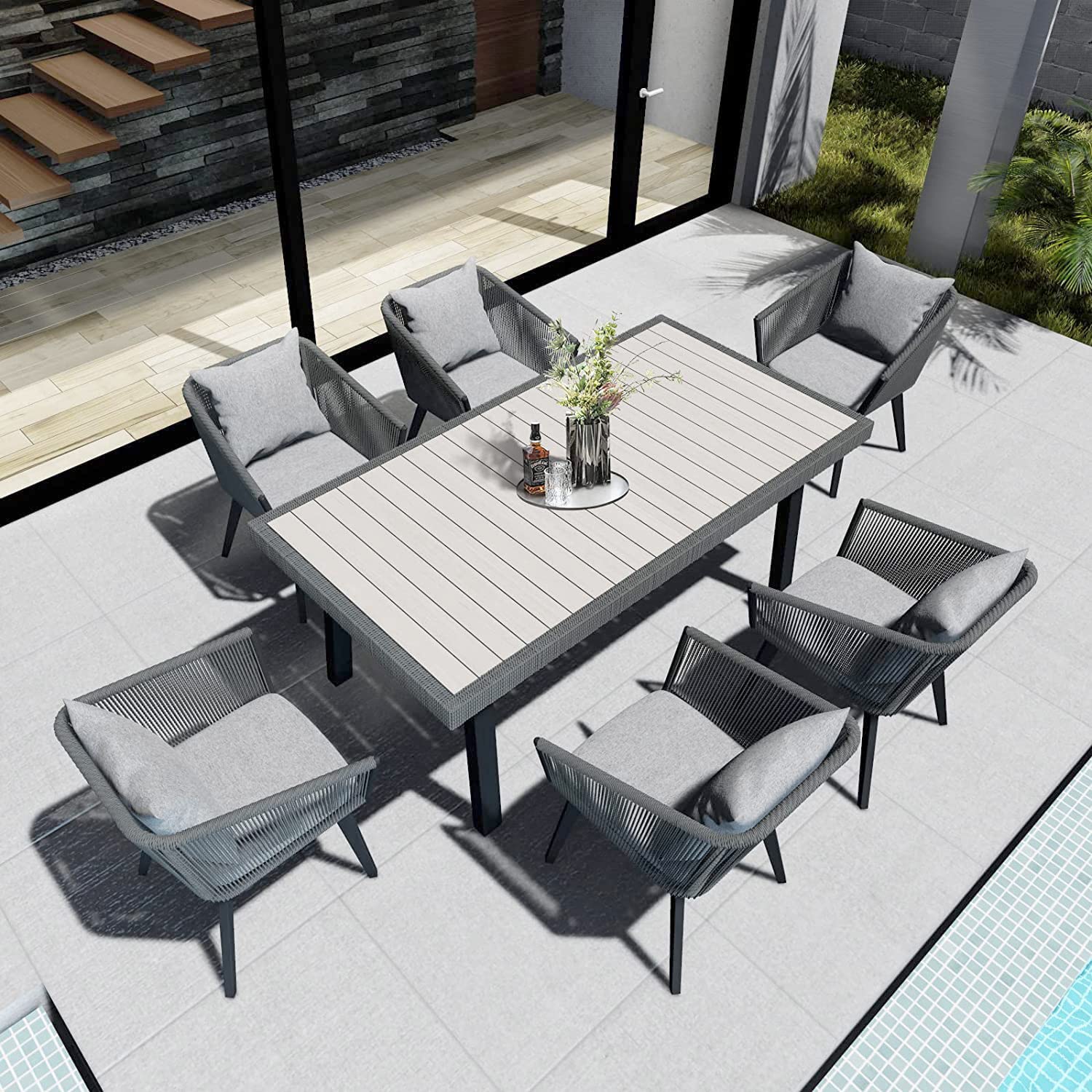 Home Care Wholesale 7 Pieces Patio Dining Set for 6 - All Weather Outdoor Dining Sets, All in One Outdoor Table and Chairs, Wicker Outdoor Patio Furniture Sets with Cushions and Pillows, Grey