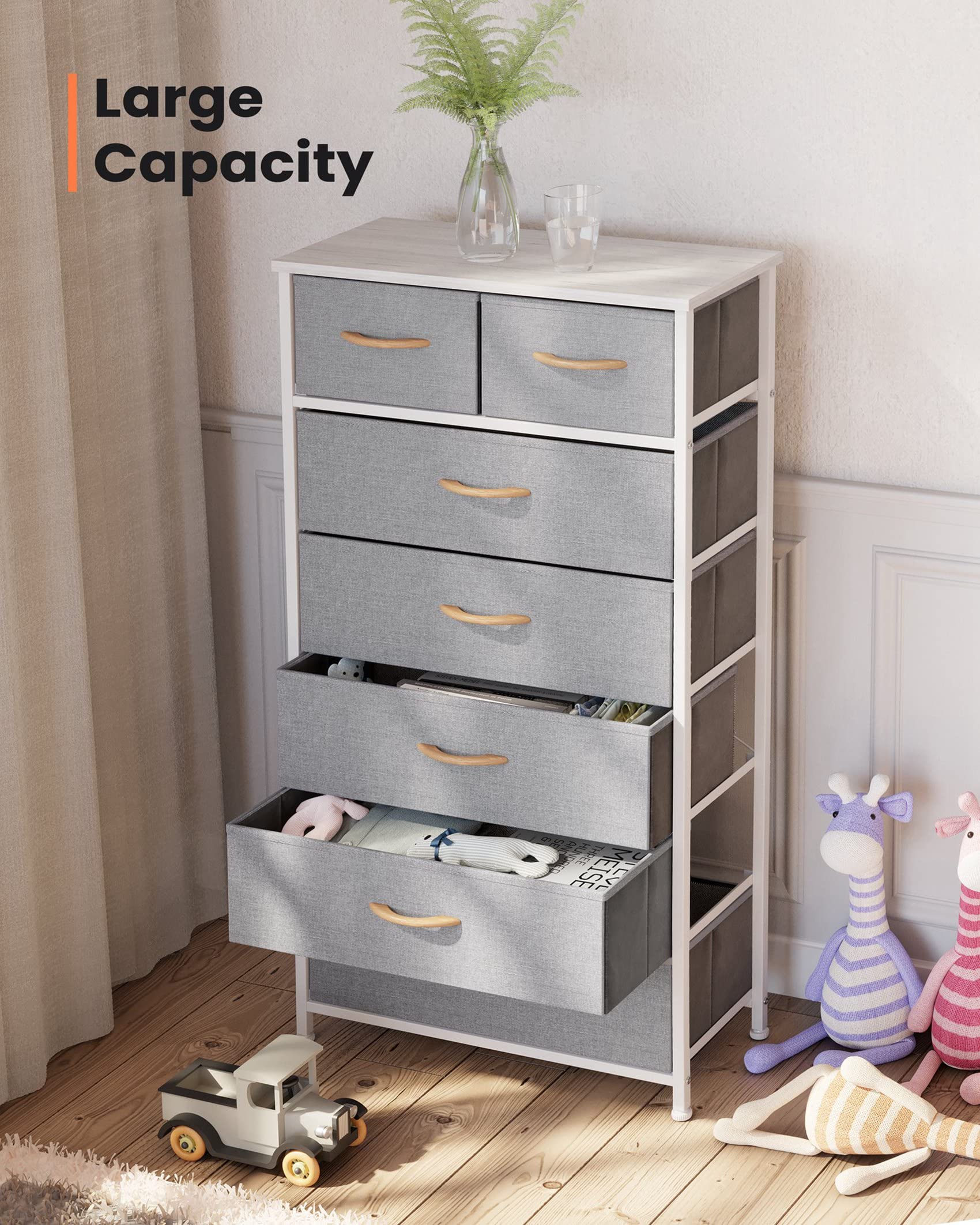 Pellebant Dresser for Bedroom with 7 Drawers, Tall Dresser Vertical Storage Tower, Sturdy Metal Frame, Fabric Storage Bins with Wooden Handle, Wooden Top, Organizer Unit for Closet/Hallway, Light Grey