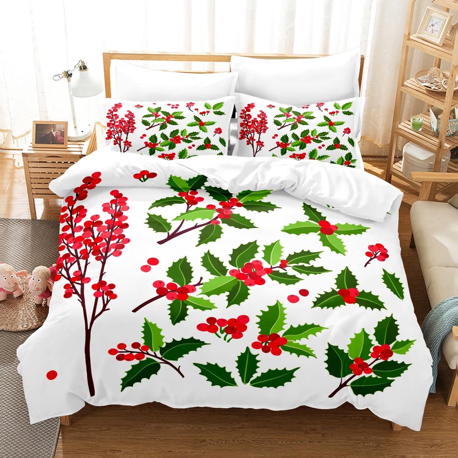 Abojoy Christmas New Year Duvet Cover Set King Size, Evergreen Holly Leaves Branches with Winter Red Berries Pattern Printed Floral Bedding Luxury Soft Microfiber Quilt Cover Set