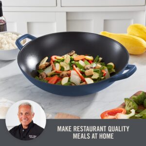 Zakarian By Dash 14” Nonstick Cast Iron Wok for Restaurant Quality Stir Fry, Seafood, Deep Frying, and Steaming - Blue