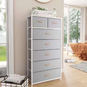 Pellebant Dresser for Bedroom with 7 Drawers, Tall Dresser Vertical Storage Tower, Sturdy Metal Frame, Fabric Storage Bins with Wooden Handle, Wooden Top, Organizer Unit for Closet/Hallway, Light Grey