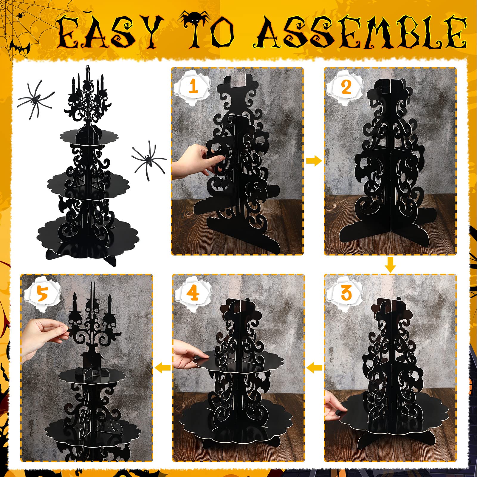 Halloween Cupcake Stand 3-Tier Halloween Gothic Cardboard Cupcake Holder Haunted Skull Candelabra Cupcake Tower Decor with 20g Spider Web Stretchable Cobweb for Halloween Party Supplies Decoration