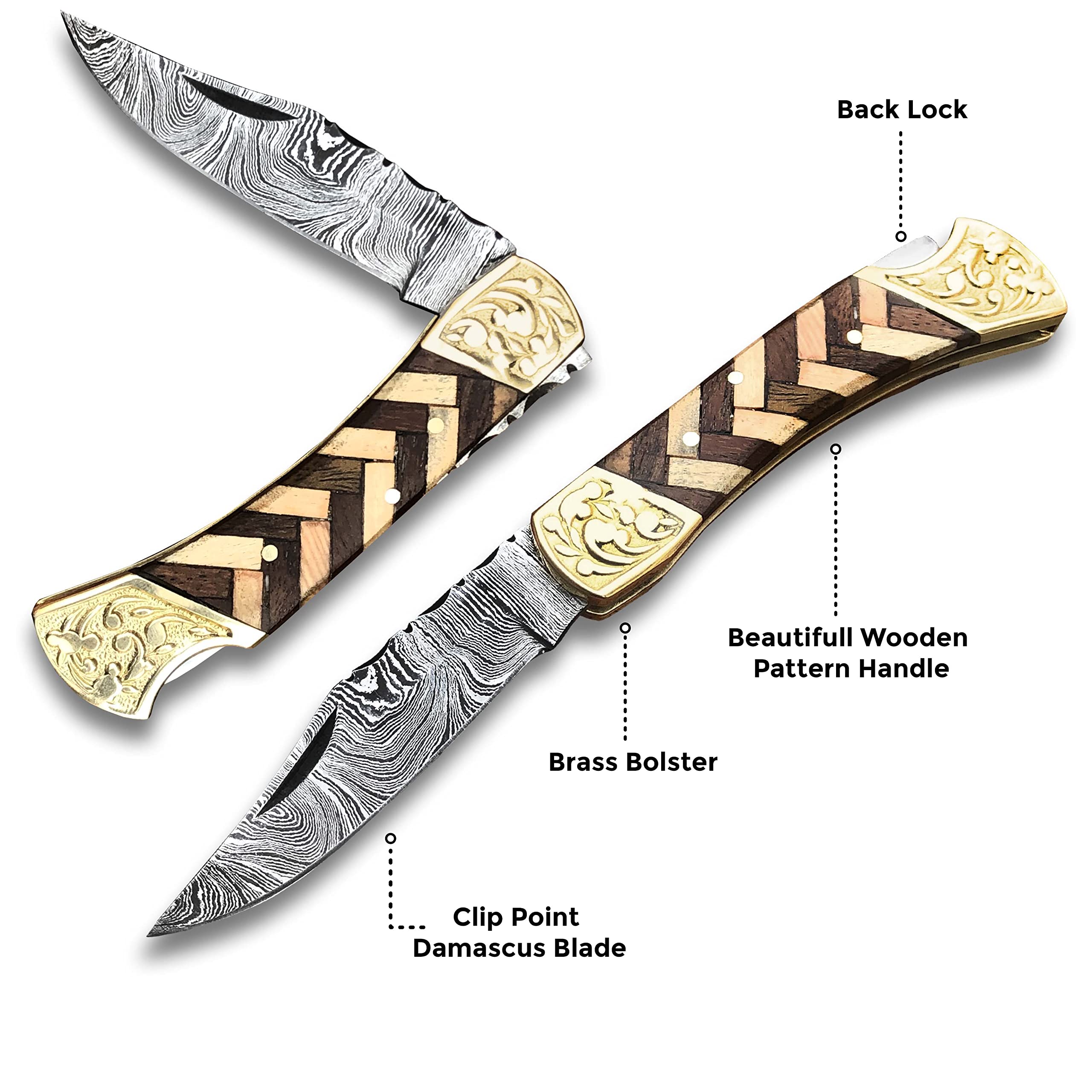 WARLOCKS CLUB Handmade Damascus Pocket Knife with Sheath, 7" Folding Hunting Knife with Wood Handle, Small Camping Knife for Outdoor