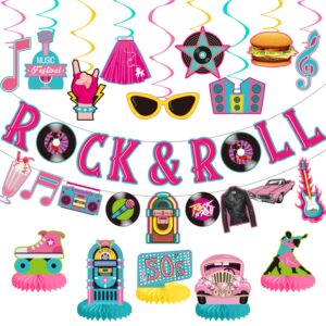 25 pieces 50's party decorations include rock and roll banner, 50s theme hanging swirls and honeycomb centerpieces for 1950s party decorations, back to 50's rocking party supplies